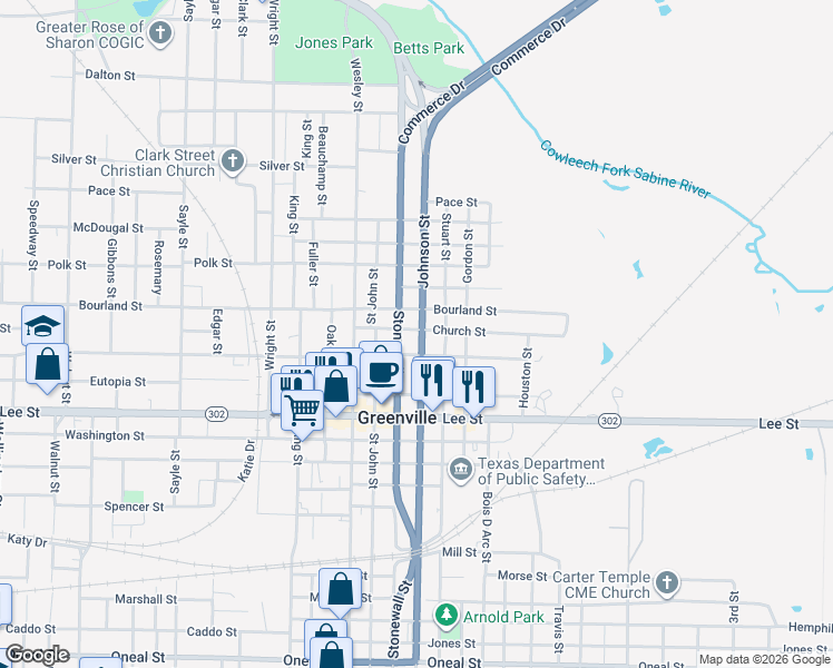 map of restaurants, bars, coffee shops, grocery stores, and more near 2104 Johnson Street in Greenville
