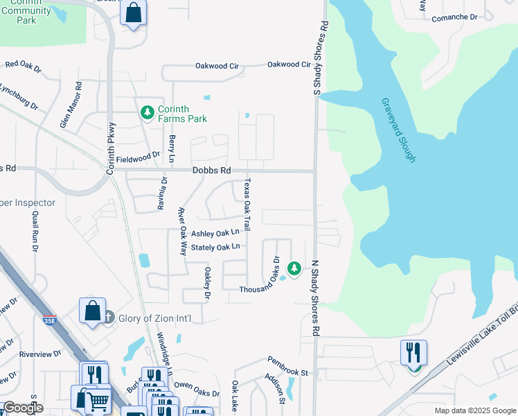 map of restaurants, bars, coffee shops, grocery stores, and more near 772 Texas Oak Trail in Lake Dallas