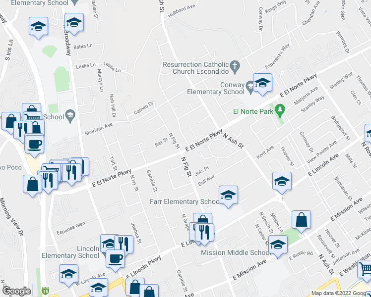 map of restaurants, bars, coffee shops, grocery stores, and more near 718 East El Norte Parkway in Escondido
