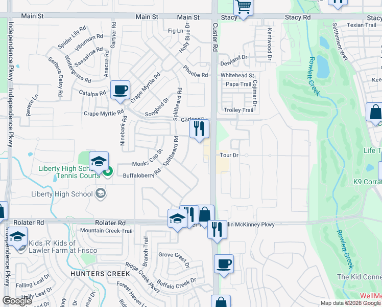 map of restaurants, bars, coffee shops, grocery stores, and more near 7215 Custer Road in Frisco