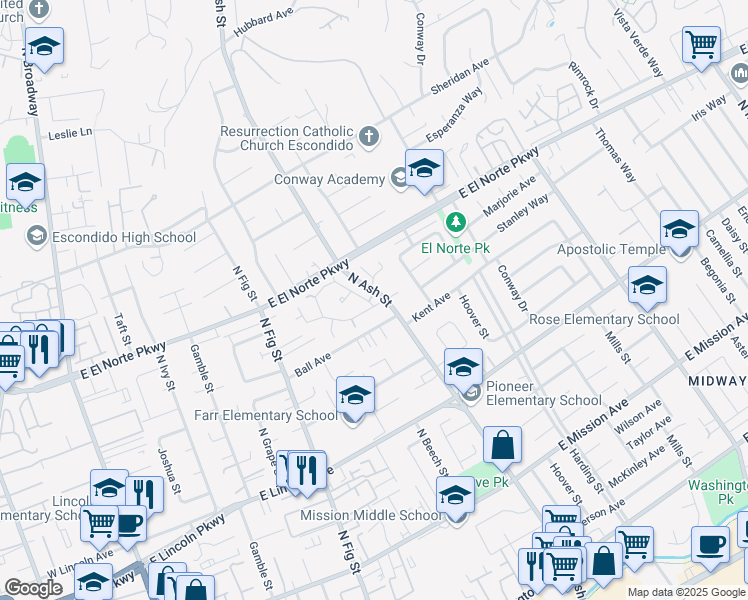 map of restaurants, bars, coffee shops, grocery stores, and more near 1220 Aristotle Glen in Escondido
