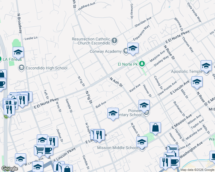 map of restaurants, bars, coffee shops, grocery stores, and more near 940 Waterhouse Glen in Escondido