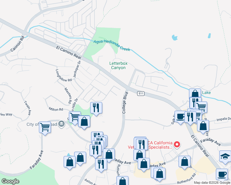 map of restaurants, bars, coffee shops, grocery stores, and more near 5422 Kipling Lane in Carlsbad