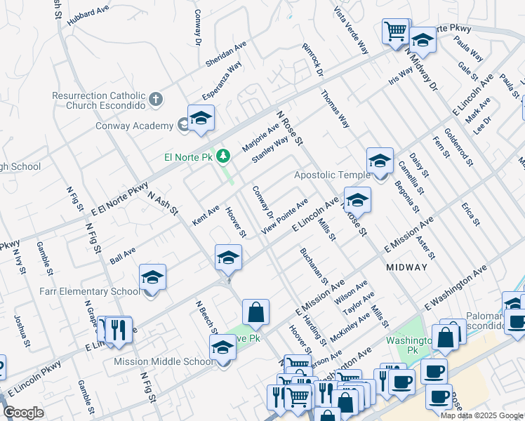 map of restaurants, bars, coffee shops, grocery stores, and more near 1053 Conway Drive in Escondido