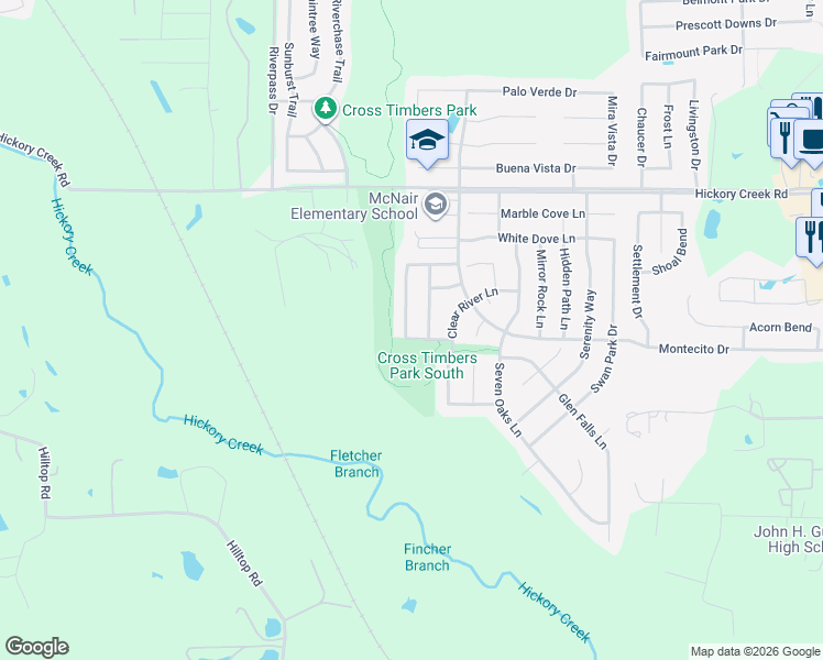 map of restaurants, bars, coffee shops, grocery stores, and more near 8209 Winding Stream Lane in Denton