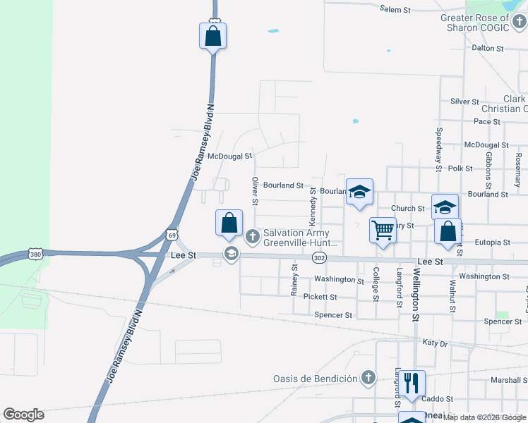 map of restaurants, bars, coffee shops, grocery stores, and more near 4908 Jefferson Street in Greenville