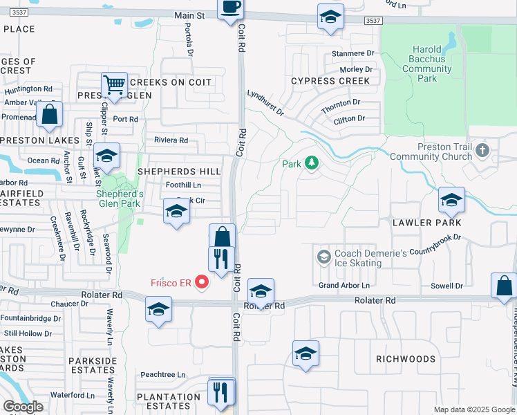 map of restaurants, bars, coffee shops, grocery stores, and more near 12848 Shepherds Hill Lane in Frisco