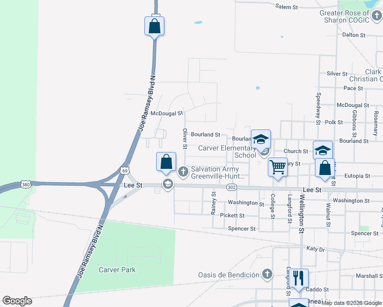map of restaurants, bars, coffee shops, grocery stores, and more near 4908 Jefferson Street in Greenville