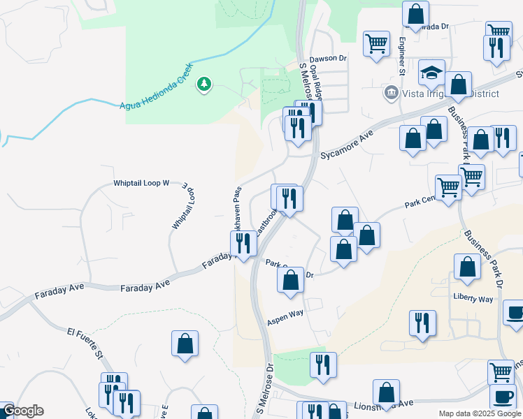 map of restaurants, bars, coffee shops, grocery stores, and more near 2273 Eastbrook Rd in Vista