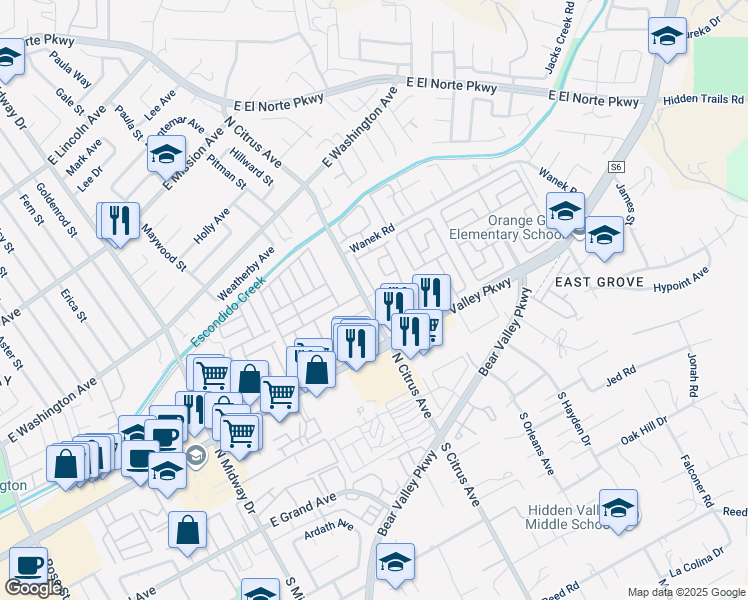 map of restaurants, bars, coffee shops, grocery stores, and more near 437 Nantucket Glen in Escondido