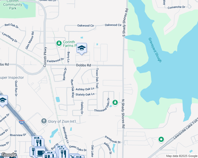 map of restaurants, bars, coffee shops, grocery stores, and more near 772 Texas Oak Trail in Lake Dallas