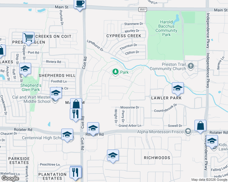 map of restaurants, bars, coffee shops, grocery stores, and more near 13182 Juilliard Street in Frisco