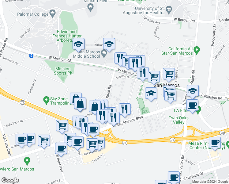 map of restaurants, bars, coffee shops, grocery stores, and more near 243 Knoll Road in San Marcos