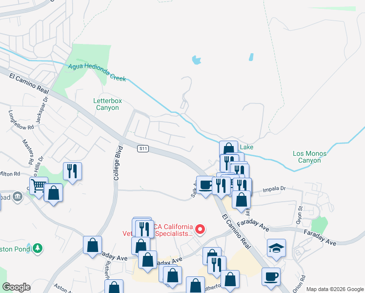 map of restaurants, bars, coffee shops, grocery stores, and more near 5600 Foxtail Loop in Carlsbad