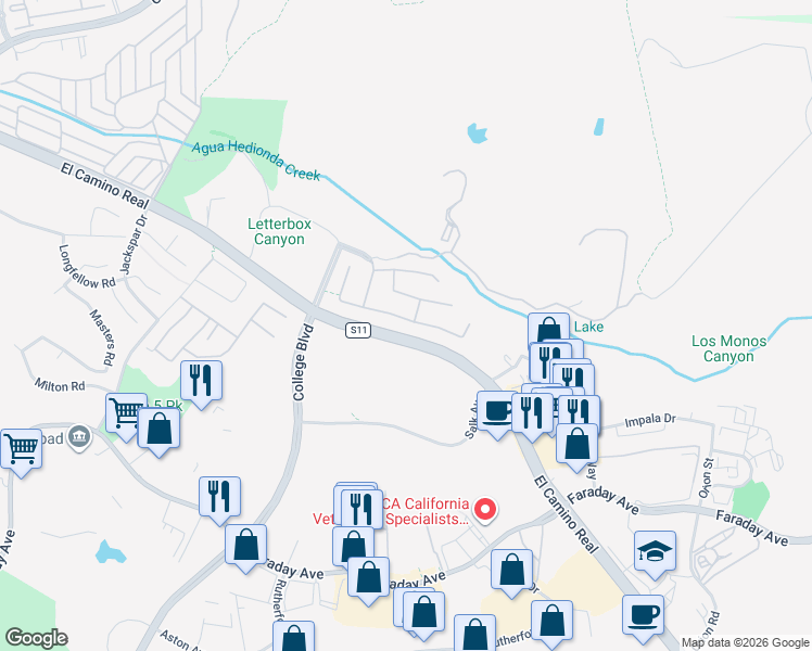 map of restaurants, bars, coffee shops, grocery stores, and more near 5543 Foxtail Loop in Carlsbad
