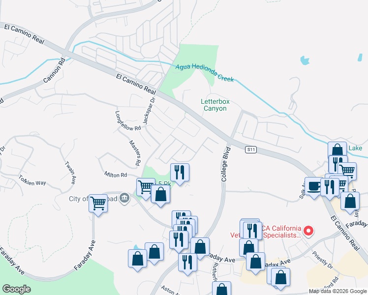 map of restaurants, bars, coffee shops, grocery stores, and more near 5424 Browning Road in Carlsbad