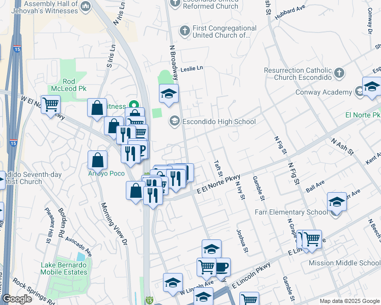 map of restaurants, bars, coffee shops, grocery stores, and more near 1440 North Broadway in Escondido