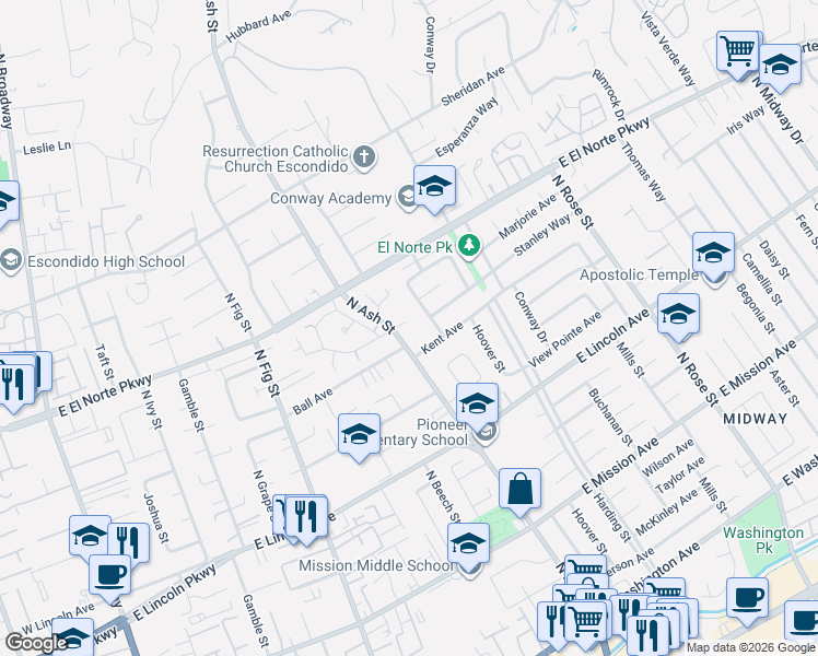 map of restaurants, bars, coffee shops, grocery stores, and more near 1107 Sendero Avenue in Escondido