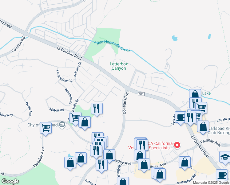 map of restaurants, bars, coffee shops, grocery stores, and more near 5420 Kipling Lane in Carlsbad