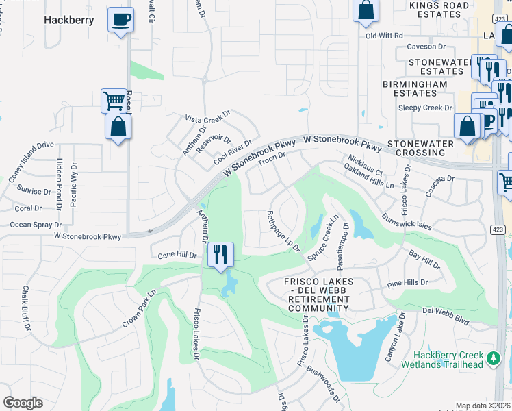 map of restaurants, bars, coffee shops, grocery stores, and more near 1604 Trevino Lane in Frisco