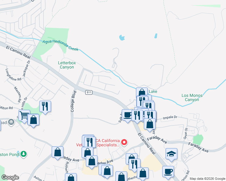 map of restaurants, bars, coffee shops, grocery stores, and more near 5600 Foxtail Loop in Carlsbad