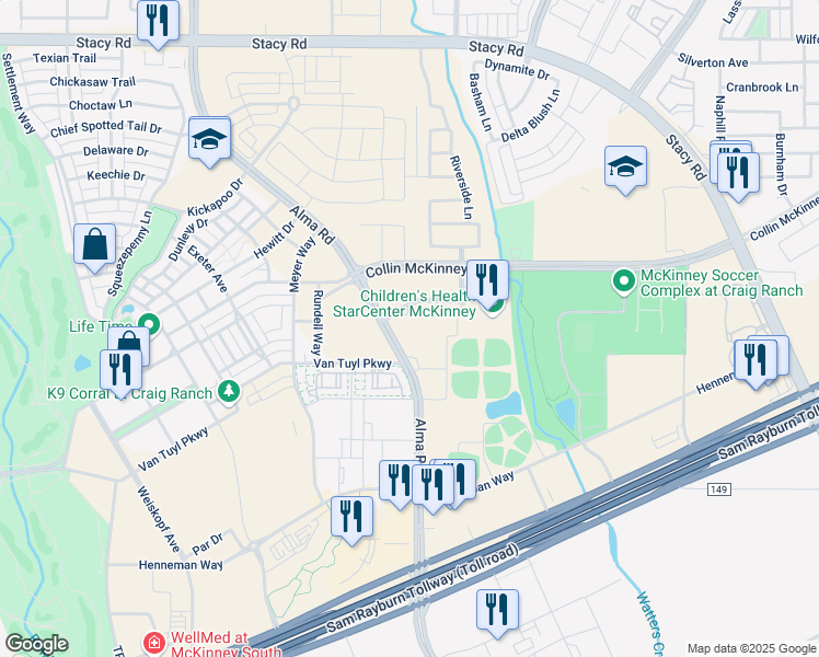 map of restaurants, bars, coffee shops, grocery stores, and more near 6045 Stars Avenue in McKinney