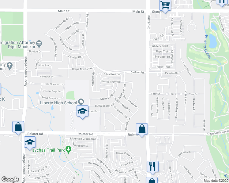 map of restaurants, bars, coffee shops, grocery stores, and more near 8021 Monks Cap Street in Frisco