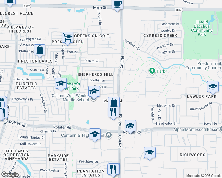 map of restaurants, bars, coffee shops, grocery stores, and more near 12417 Peak Circle in Frisco