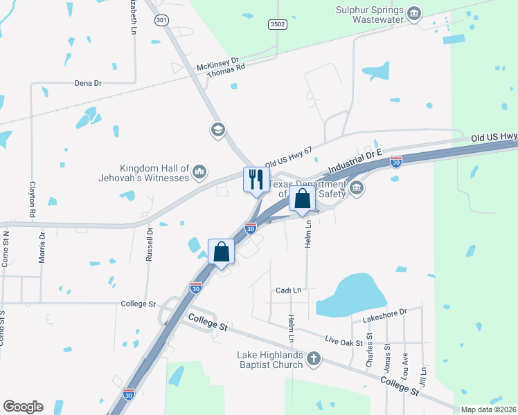 map of restaurants, bars, coffee shops, grocery stores, and more near 1499 Industrial Dr E in Sulphur Springs
