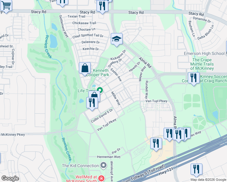map of restaurants, bars, coffee shops, grocery stores, and more near 6113 Millie Way in McKinney