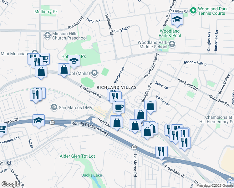 map of restaurants, bars, coffee shops, grocery stores, and more near 210 Woodland Parkway in San Marcos