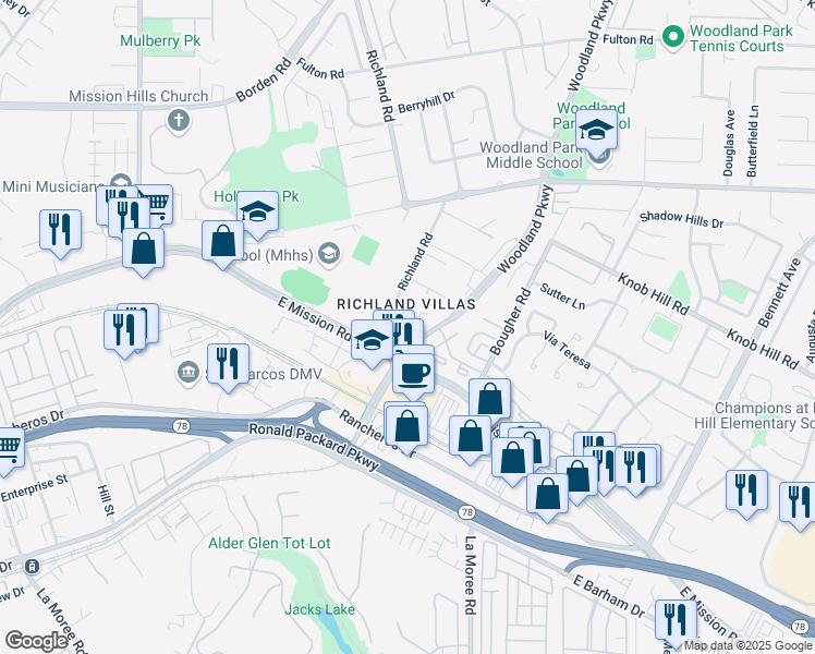 map of restaurants, bars, coffee shops, grocery stores, and more near 214 Woodland Parkway in San Marcos