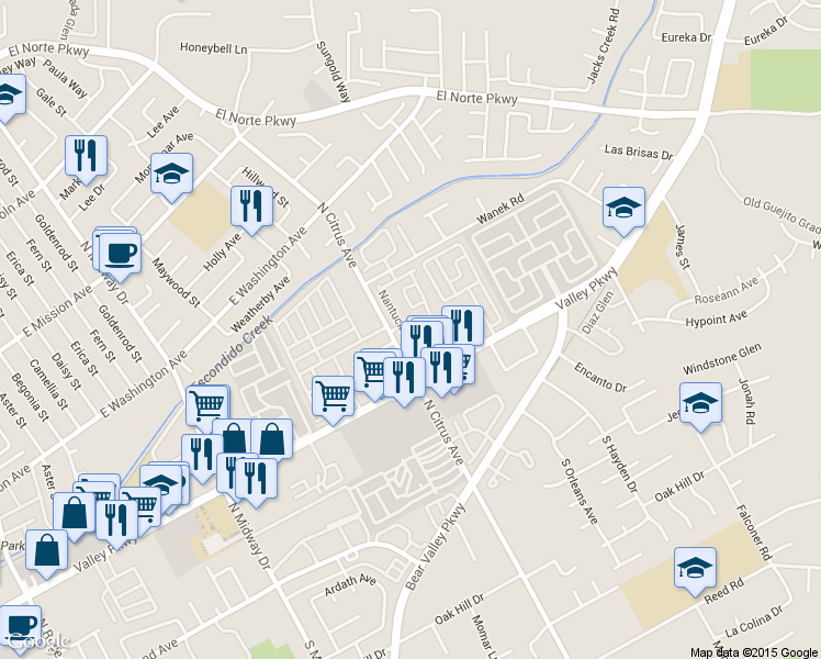 map of restaurants, bars, coffee shops, grocery stores, and more near 437 Nantucket Glen in Escondido