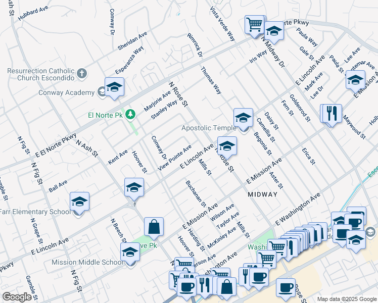 map of restaurants, bars, coffee shops, grocery stores, and more near 1518 East Lincoln Avenue in Escondido
