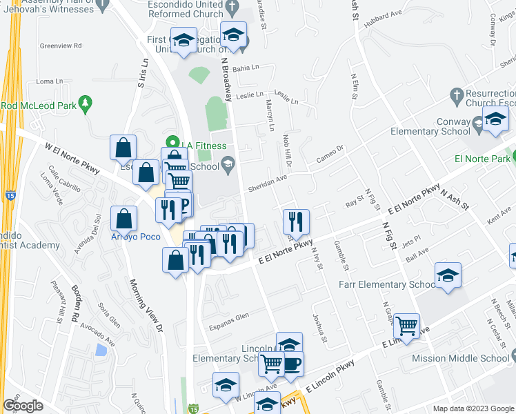 map of restaurants, bars, coffee shops, grocery stores, and more near 1404 North Broadway in Escondido