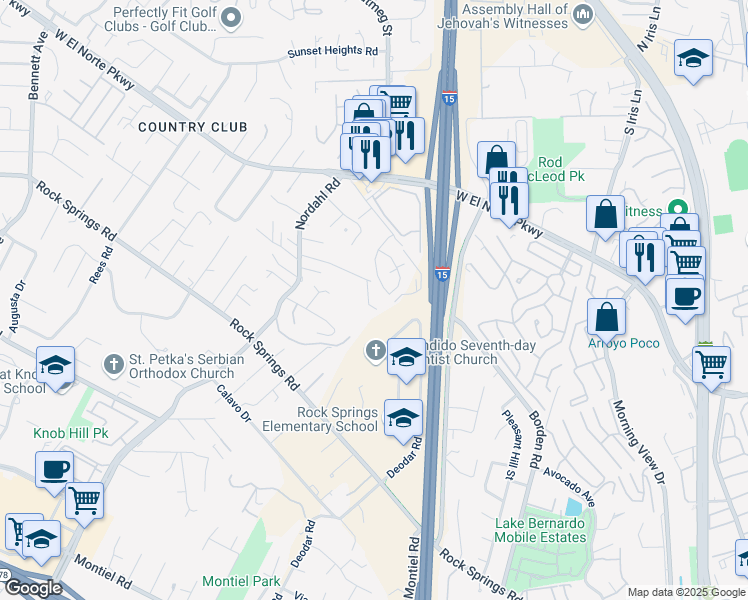 map of restaurants, bars, coffee shops, grocery stores, and more near 1507 Via Paloma in Escondido