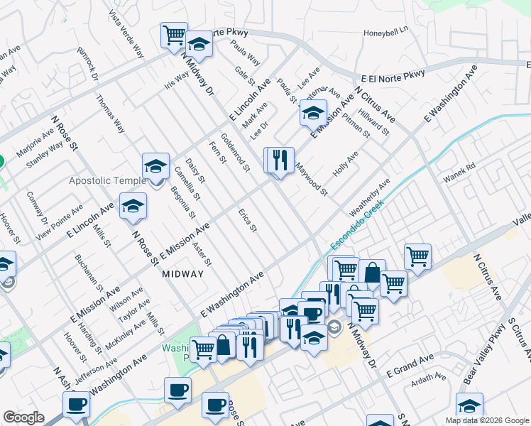 map of restaurants, bars, coffee shops, grocery stores, and more near 720 Fern Street in Escondido