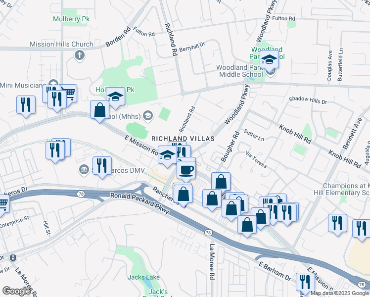 map of restaurants, bars, coffee shops, grocery stores, and more near 204 Woodland Parkway in San Marcos