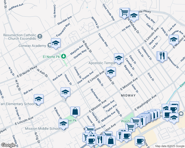 map of restaurants, bars, coffee shops, grocery stores, and more near 1518 East Lincoln Avenue in Escondido