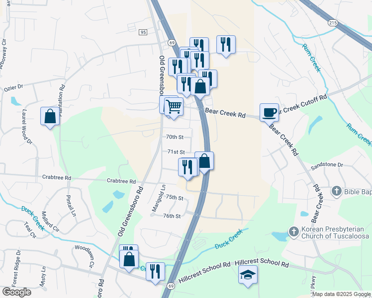 map of restaurants, bars, coffee shops, grocery stores, and more near 616 71st Street in Tuscaloosa