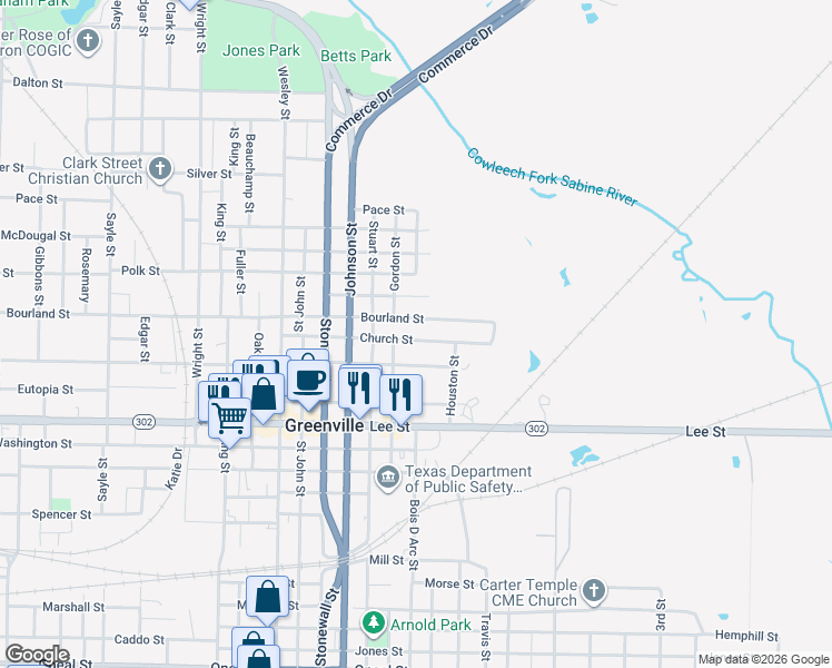 map of restaurants, bars, coffee shops, grocery stores, and more near 2109 Church Street in Greenville