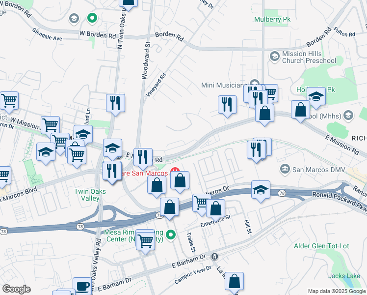 map of restaurants, bars, coffee shops, grocery stores, and more near 327 East Mission Road in San Marcos