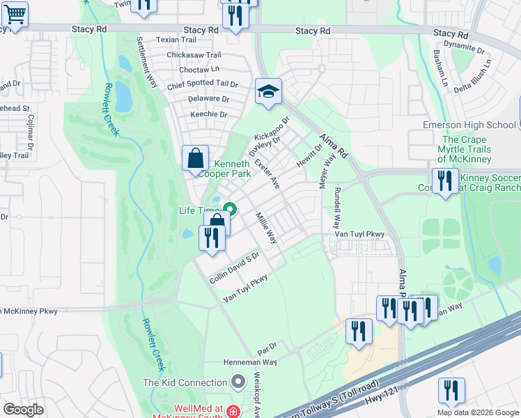 map of restaurants, bars, coffee shops, grocery stores, and more near 6113 Millie Way in McKinney