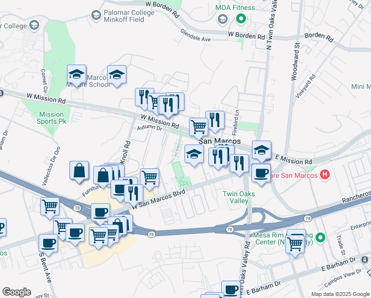 map of restaurants, bars, coffee shops, grocery stores, and more near 343 Autumn Drive in San Marcos