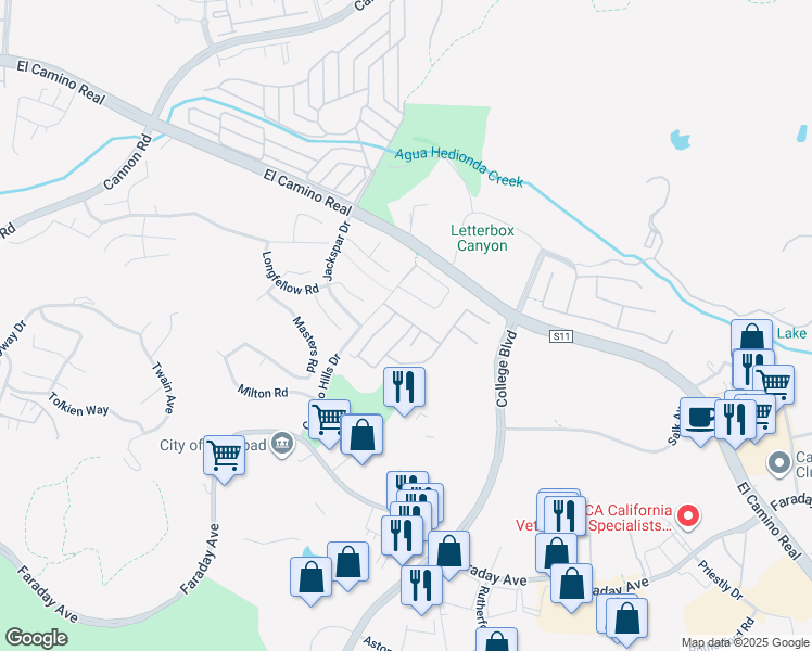 map of restaurants, bars, coffee shops, grocery stores, and more near 2298 Lindsay Drive in Carlsbad