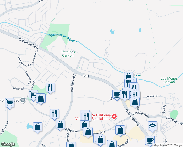 map of restaurants, bars, coffee shops, grocery stores, and more near 5507 Foxtail Loop in Carlsbad
