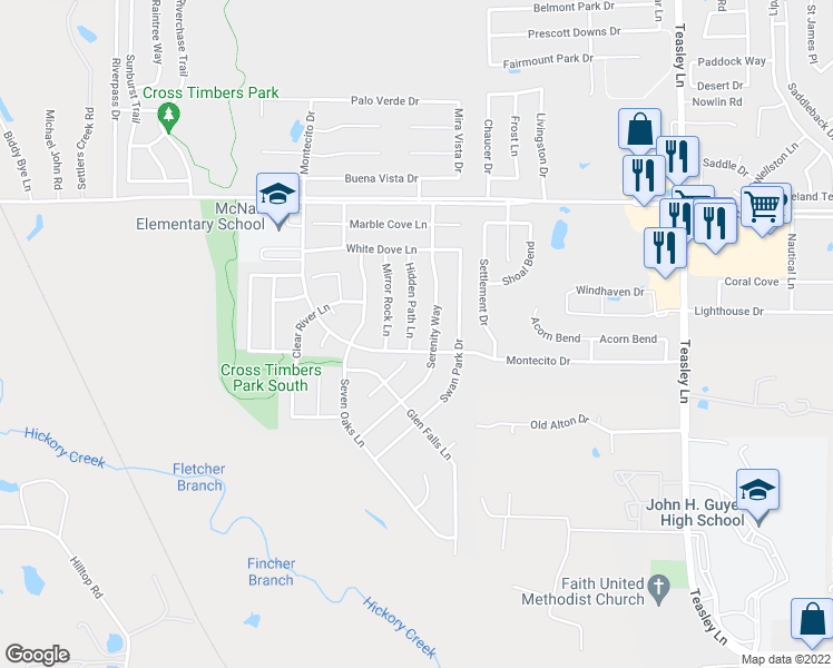 map of restaurants, bars, coffee shops, grocery stores, and more near 8201 Hidden Path Lane in Denton