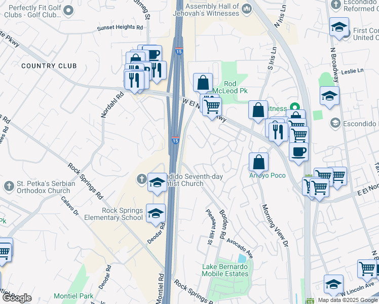 map of restaurants, bars, coffee shops, grocery stores, and more near 1500 Borden Road in Escondido