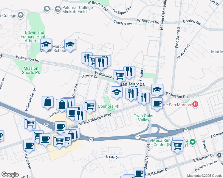 map of restaurants, bars, coffee shops, grocery stores, and more near 343 Autumn Drive in San Marcos