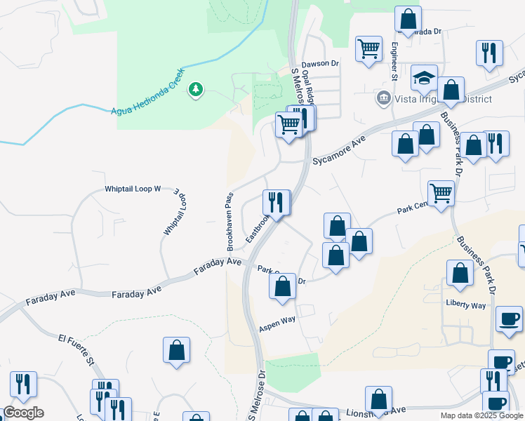 map of restaurants, bars, coffee shops, grocery stores, and more near 2273 Eastbrook Rd in Vista